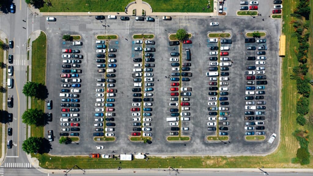 public parking with modern cars in rows