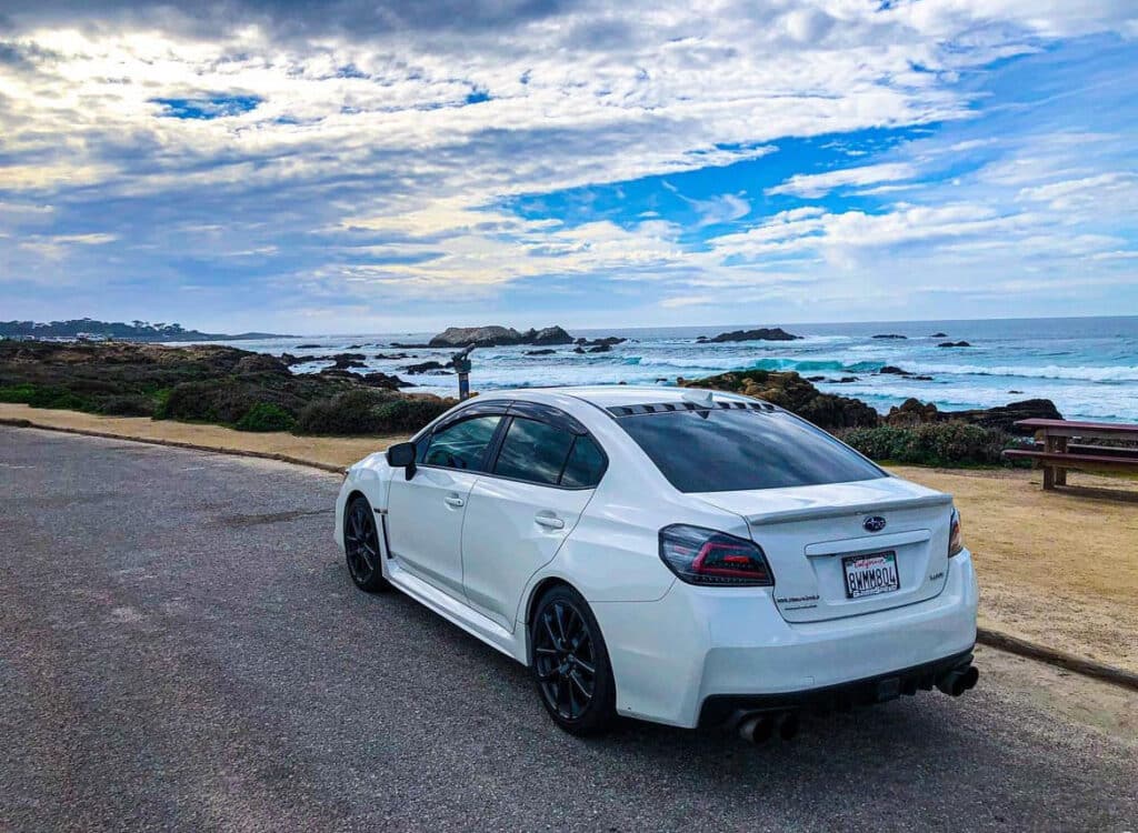 A modified Subaru WRX out on the open road.